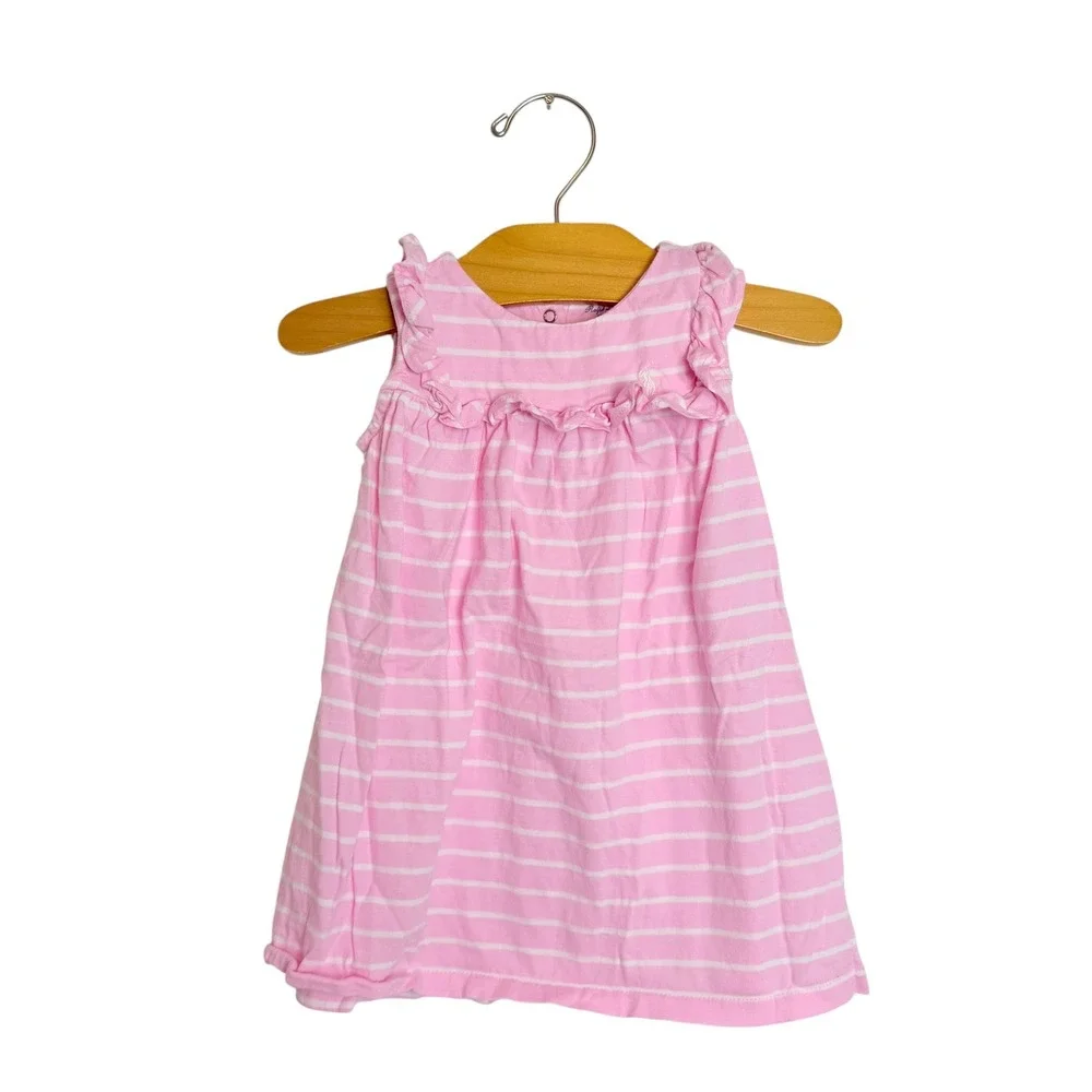 Ralph Lauren Baby Girls Pink White Striped Ruffle Dress & Diaper Cover Set 12M